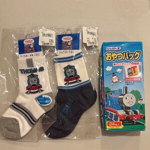 Thomas & Friends Kids' Socks - White, Gray, and Blue and ziplock plastic bags